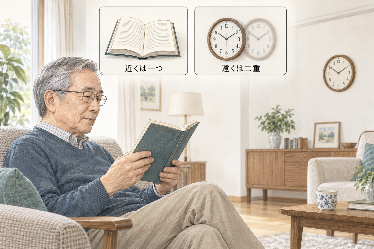 手元の本は一つに、遠くの時計は横に二重に見える症状のイメージ